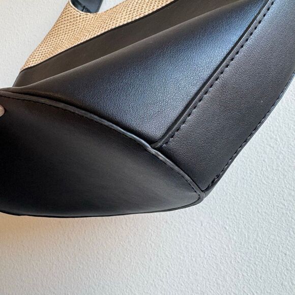 By Anthropologie Black Raffia Mixed Media Bucket Tote Medium Shoulder Bag - Picture 6 of 11